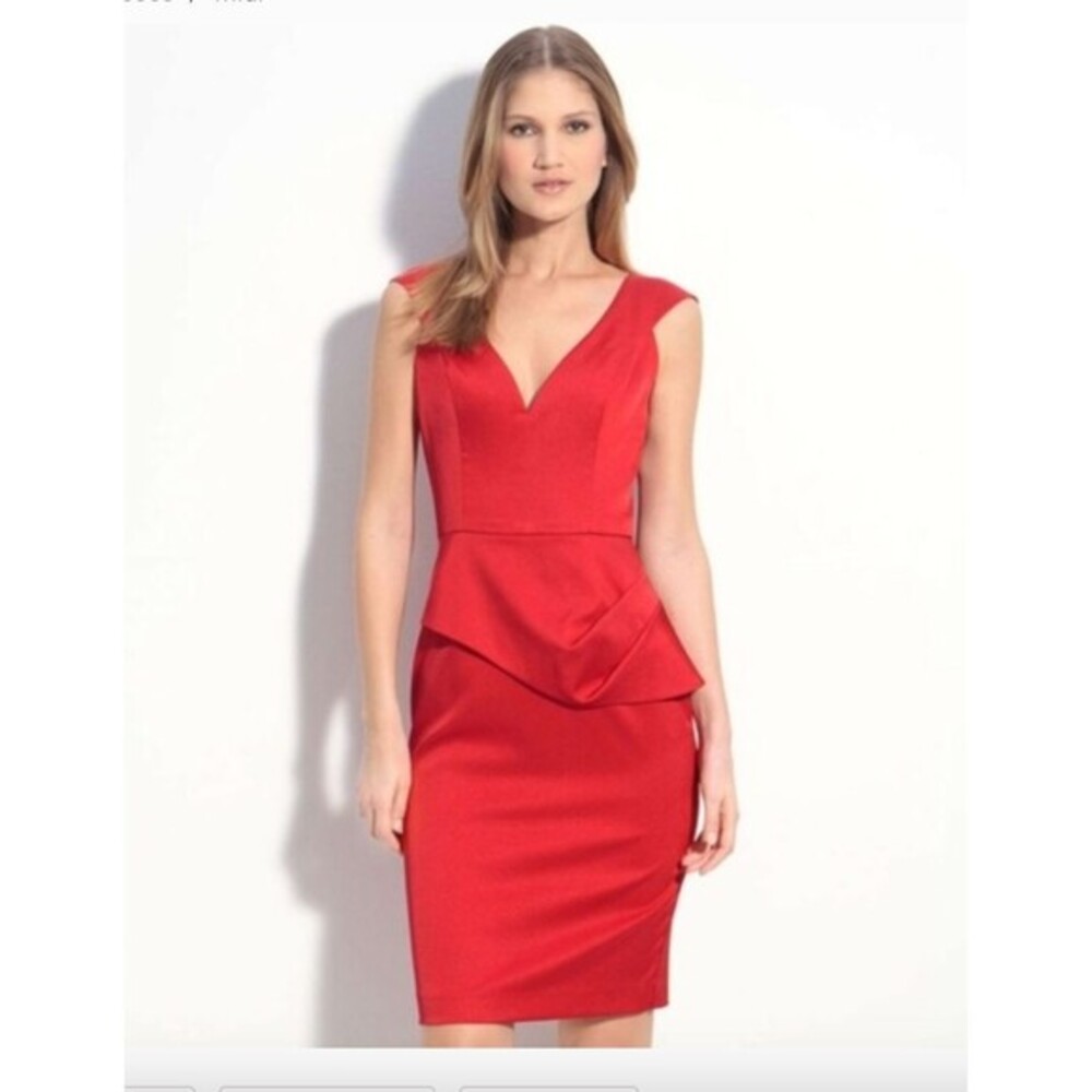 Black Halo Scarlet Red Jackie Satin Ruched Cocktail Dress 8 Medium